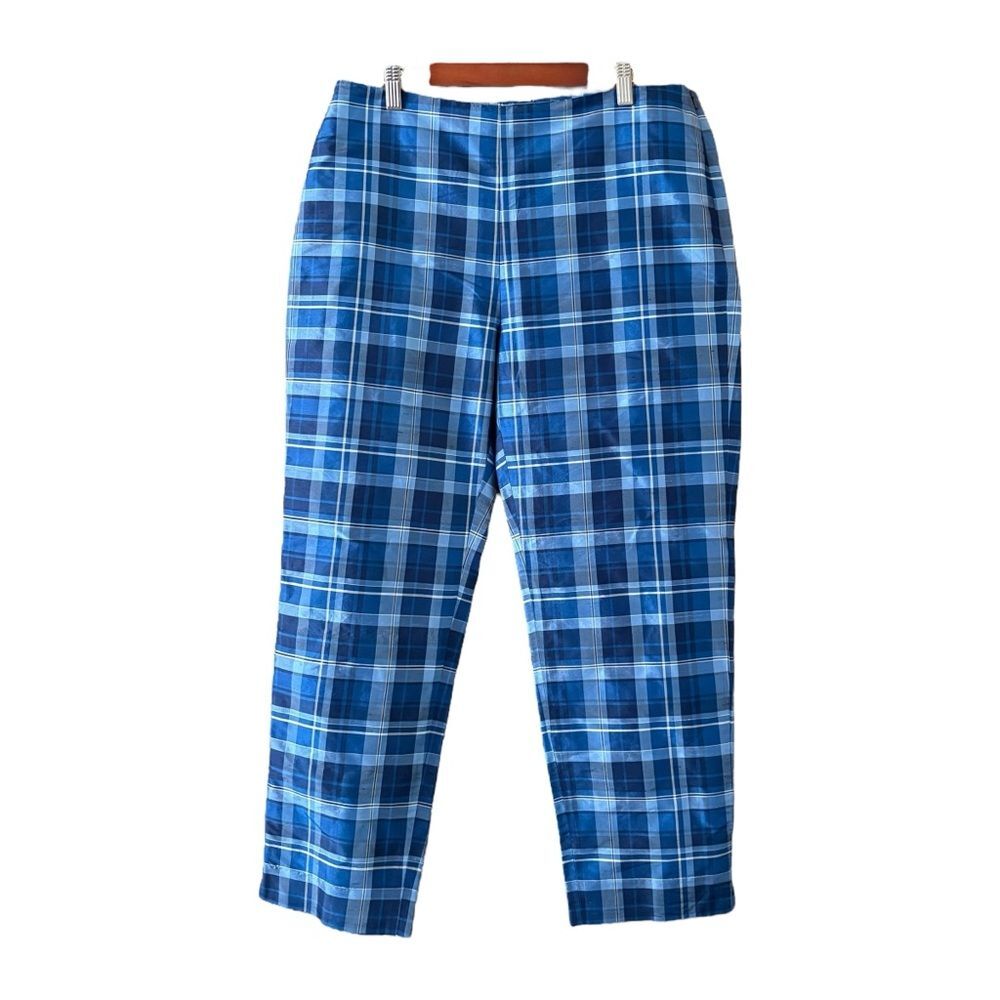 Lauren Ralph Lauren Silk Blue Plaid Ankle Pants Size 12 Preppy Old Money